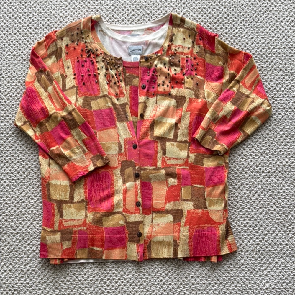 2 Pc Chico’s Colorful Geometric Women’s Cardigan and matching Tank Sweater Set